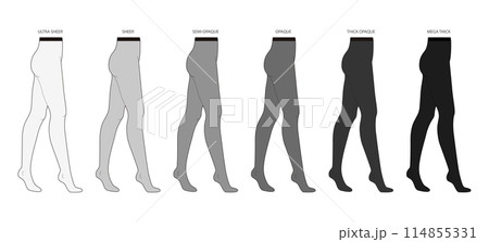 Set of different Den Denier Tights Pantyhose on legs - Ultra Sheer, Semi-Opaque, Mega Thick. Fashion accessory clothing 114855331