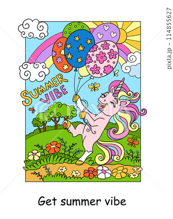 Happy unicorn with balloons and lettering summer vibe vector Happy unicorn with balloons and lettering summer vibe vector 114855627