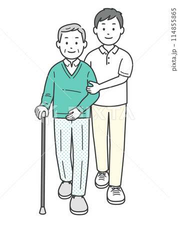 杖をついた高齢男性を介助する男性の全身イラスト 杖をついた高齢男性を介助する男性の全身イラスト 114855865