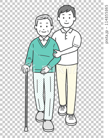 杖をついた高齢男性を介助する男性の全身イラスト 杖をついた高齢男性を介助する男性の全身イラスト 114855865