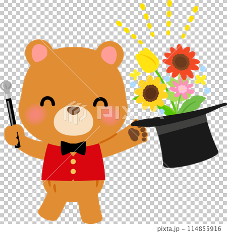 シルクハットから花を出すクマのマジシャン 114855916
