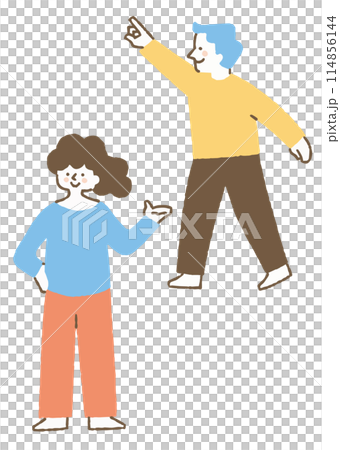 案内している女性と指をさしている男性_色 案内している女性と指をさしている男性_色 114856144