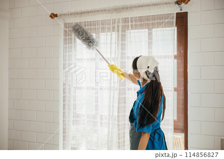Asian woman smiles dusting window blinds with a duster. Her routine cleaning ensures a modern clean home. Portrait of an adult occupied with household hygiene and purity. whisk 114856827