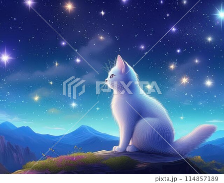 満点の星空を眺める猫 114857189