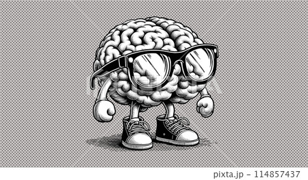 cartoony brain character with glasses on gray BG 114857437
