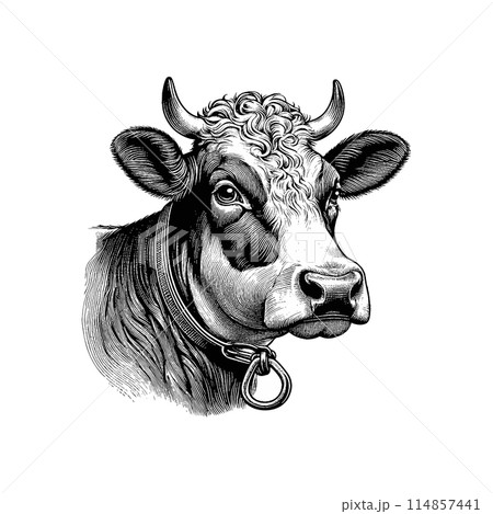 Dairy cattle head drawing on white BG Dairy cattle head drawing on white BG 114857441