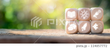 Storytelling concept, Wooden block on desk with storytelling icon on virtual screen. 114857772
