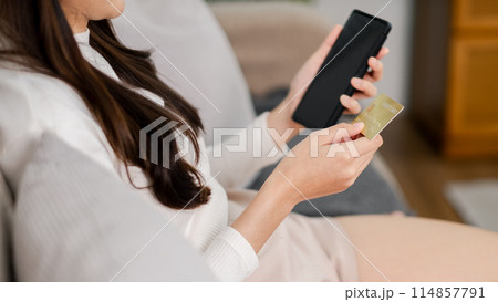 A woman is sitting on a couch and holding a credit card in her hand. She is looking at her phone, possibly checking her bank account or making a purchase. Concept of convenience and modernity 114857791