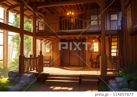 ゲーム背景　森の奥の木造建築の宿屋風住居居間 114857877