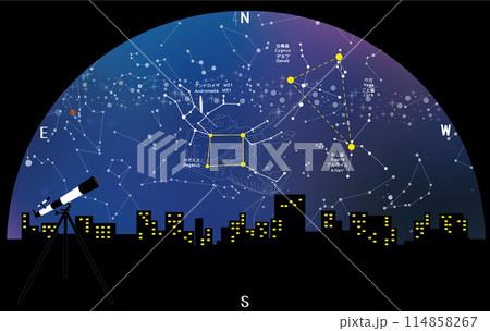 天体観測　ビル群と秋の星座と秋の四辺形 114858267