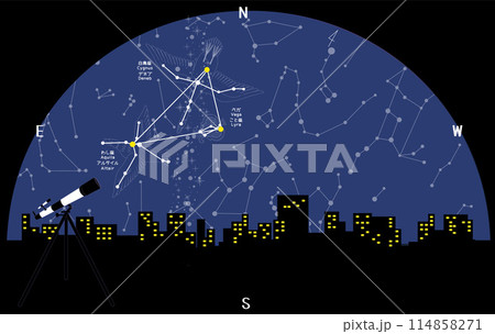 天体観測　ビル群の夏の星座と夏の大三角形 114858271