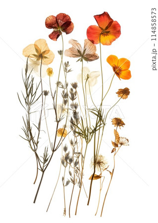 Dried and pressed flowers isolated on white background. Beautiful herbarium 114858573