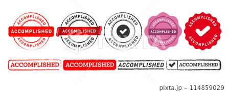 accomplished rubber stamp and seal badge label sticker sign for success complete progress achieved 114859029