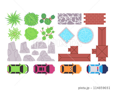 top view house car and pool with green plant stone architectural residential building infrastructure 114859031