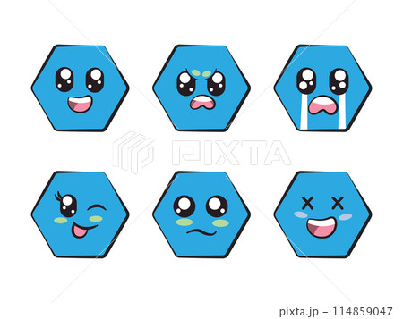 blue color hexagon shape with expression smile angry crying wink eye sadness and laughing feeling 114859047