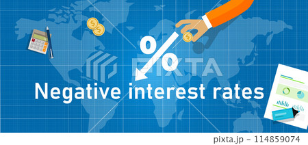 Negative interest rates in investment financial recession. Crisis monetary policy number below zero growth. World map hand holding money Negative interest rates in investment financial recession. Crisis monetary policy number below zero growth. World map hand holding money 114859074