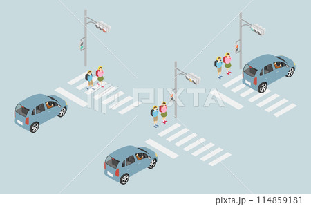 アイソメトリックイラスト:小学生と横断歩道 アイソメトリックイラスト:小学生と横断歩道 114859181