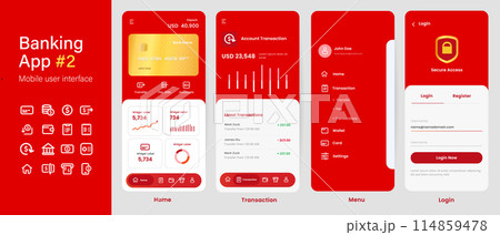 Banking app mobile interface user interface layout screen application design in red color gold card 114859478