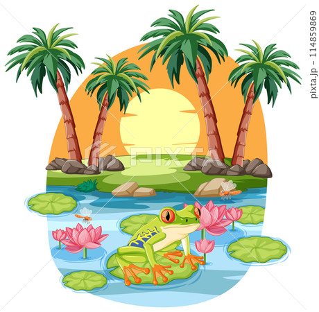 Frog in Tropical Sunset Pond Frog in Tropical Sunset Pond 114859869