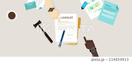 lawsuit paper hands pen gavel on desk 114859913