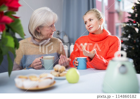 Two women drink tea and eat cakes near the New Year tree 114860182