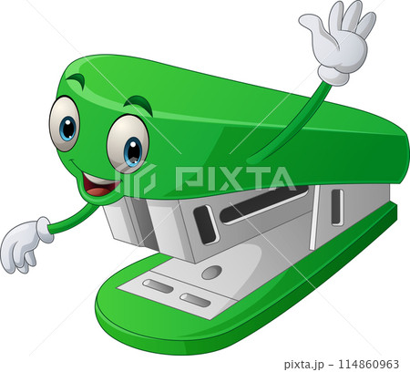 Cartoon happy stapler character waving hand 114860963