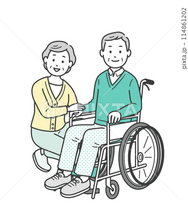 車椅子の高齢男性と介助をする高齢女性の夫婦のイラスト 114861202
