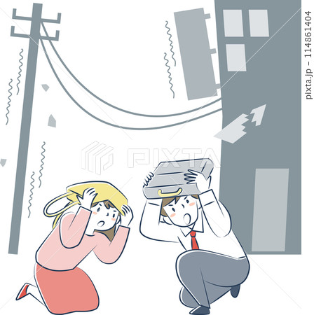 外出先で地震にあい屈んで頭を守る女性と男性 114861404