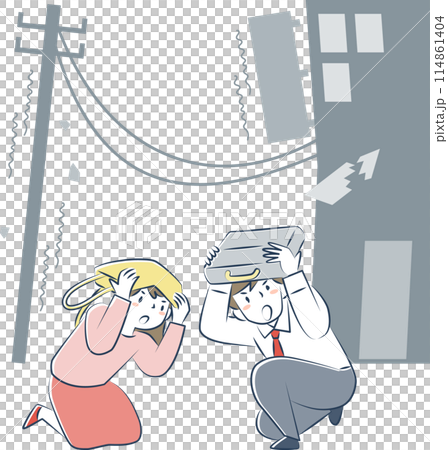 外出先で地震にあい屈んで頭を守る女性と男性 114861404