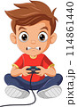 Cartoon little boy playing video game 114861440