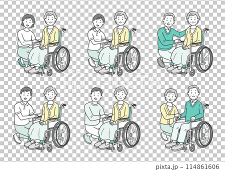 Illustration set of people assisting elderly people in wheelchairs 114861606