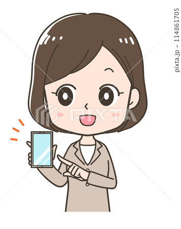 スマホの画面を指差すビジネスウーマンの上半身イラスト スマホの画面を指差すビジネスウーマンの上半身イラスト 114861705