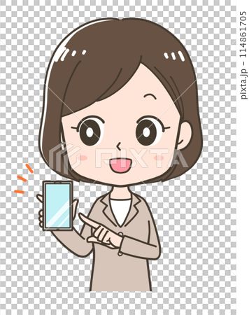 一位女商人指著智慧型手機螢幕的上半身插圖 114861705