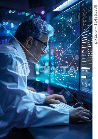 A scientist in a laboratory analyzes data on multiple screens while concentrating on graphs. 114861839