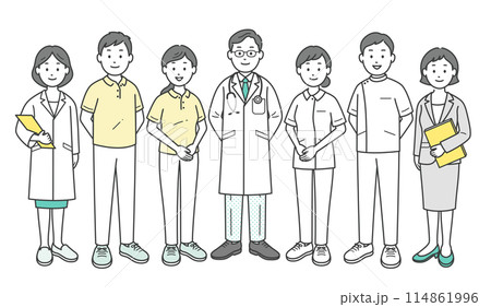 地域の社会福祉を支える医師と看護師と介護士とケアマネージャーが集合した全身イラスト 114861996