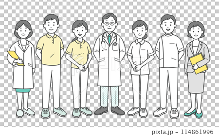 地域の社会福祉を支える医師と看護師と介護士とケアマネージャーが集合した全身イラスト 114861996