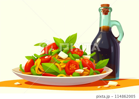 フレッシュなトマトとバジルとチーズのパスタのイラスト 114862005
