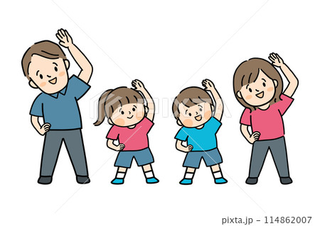 体操をする4人家族 体操をする4人家族 114862007