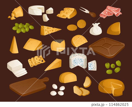 Big set of different types of cheeses and other appetizers for wine on a brown background. Vector illustration in realistic style Big set of different types of cheeses and other appetizers for wine on a brown background. Vector illustration in realistic style 114862025