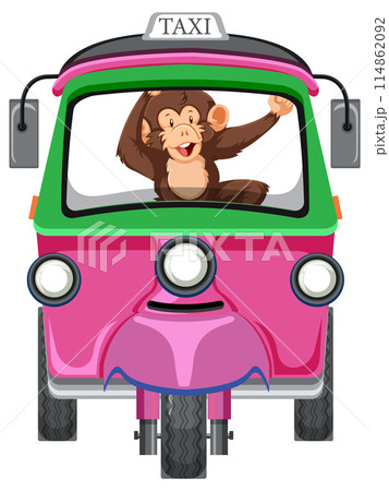 Cheerful Monkey Driving Colorful Taxi 114862092