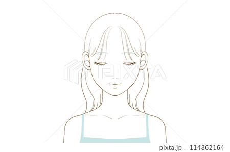 目を閉じている若い女性 の正面（ウエーブヘア） 114862164