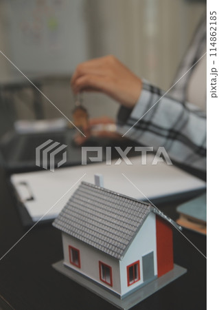buy or sell real estate mortgage, Sale representative offer house purchase contract to buy a house or apartment and mortgage Money and Financial Concepts 114862185