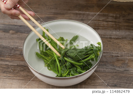 つみ菜　芯摘菜　摘み菜 茹で上げ水にとる 114862479