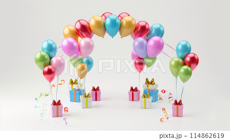 3D rendering of colorful balloons arch with gifts isolated on a white background 114862619