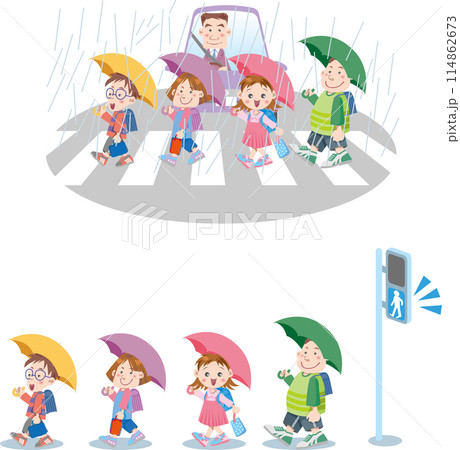 交通安全＜雨の日の横断歩道＆子供＞ 114862673
