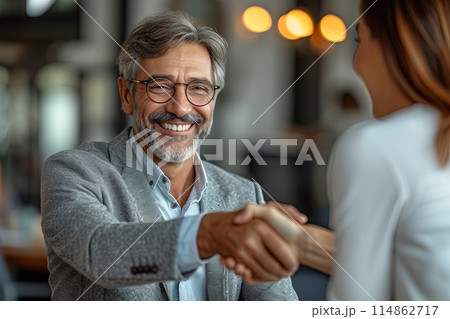Elderly man wearing a gray jacket and glasses shakes hands with a woman in a white shirt 114862717