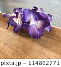 紫色の花が茶色いテーブルに置いてある所を撮影した写真 114862771