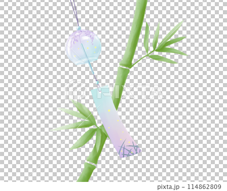 青竹と風鈴(藤の花と蛍の柄)のリアルな水彩イラスト 青竹と風鈴(藤の花と蛍の柄)のリアルな水彩イラスト 114862809