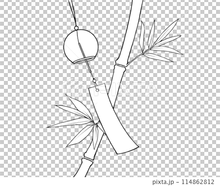 Simple black and white illustration of bamboo and wind chimes 114862812