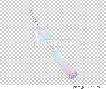 揺れる風鈴（藤の花と蛍の柄）のリアルな水彩イラスト 114862817